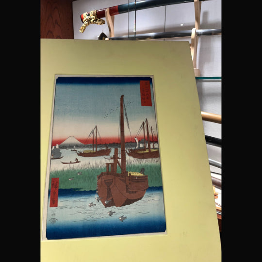Farbholzschnitt "Hiroshige: Tōto Tsukudajima oki (1858)" - Strebel